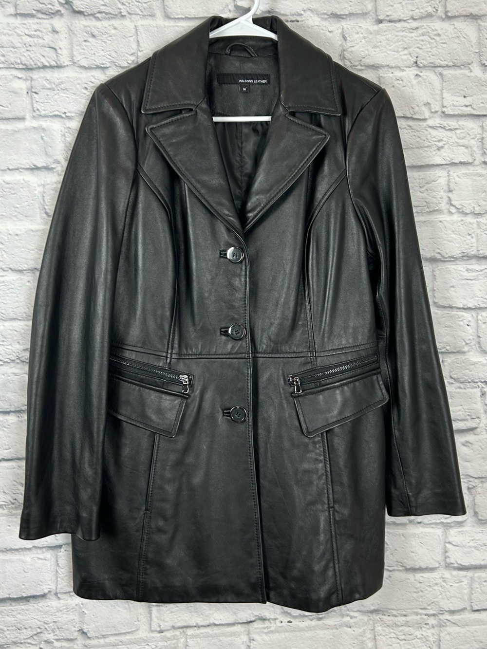 Wilsons Leather Women’s M Black Genuine Leather Blazer Jacket Longline Coat